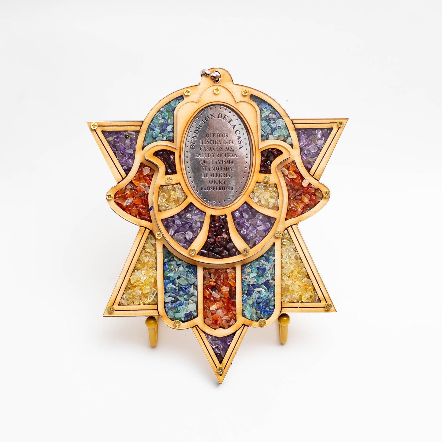 Mano De Fatima Y Estrella De David De Madera Con Cuarzos - 1