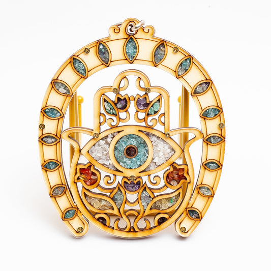 Mano De Fatima De Madera Con Cuarzos Herradura Y Ojo Turco - 1